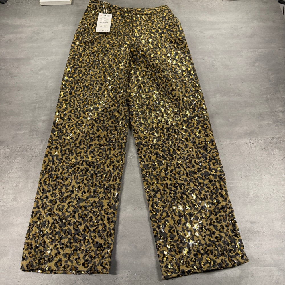 Zara Pants Womens XS Leopard Animal Print Gold Sequin High Rise Wide Leg NEW